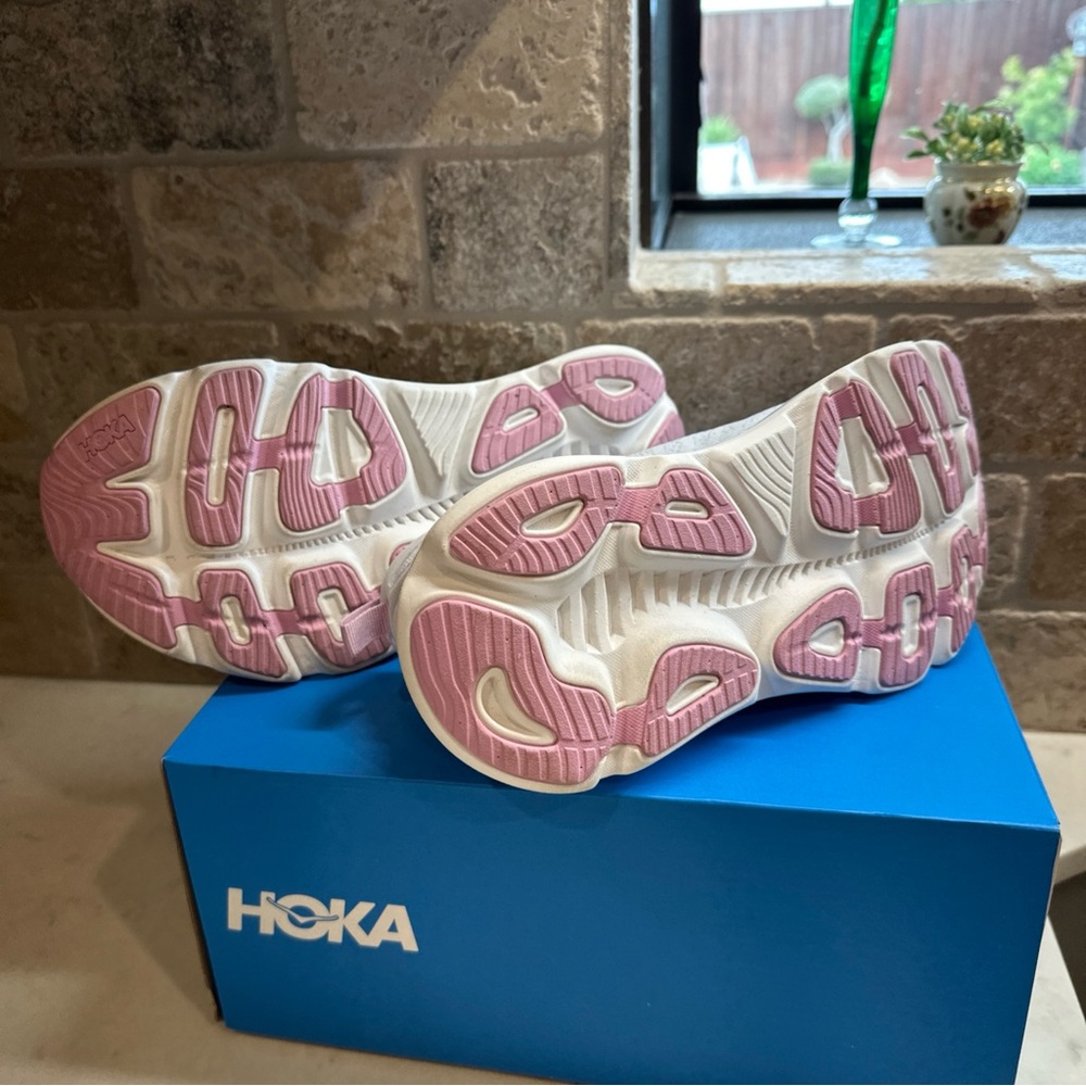 Hoka White Athletic Shoes with Pink Heel Loop - Picture 4 of 16
